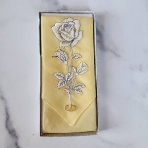 French rose embroidered yellow pastel vintage handkerchief New in box Switzerlan
